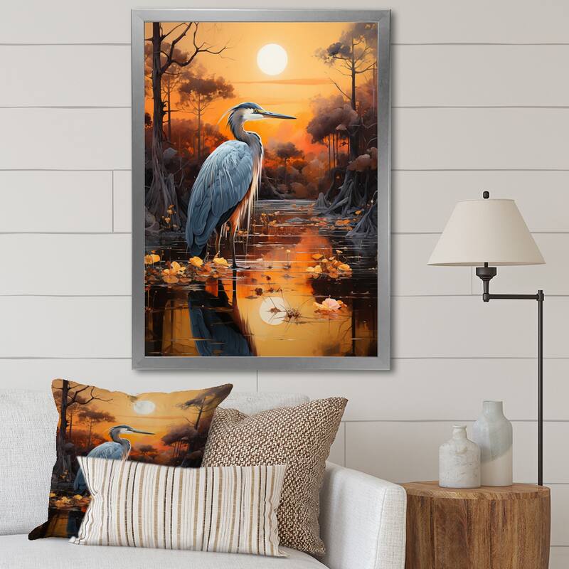Designart "Heron Silent Waters Pointillism II" Animals Heron Framed